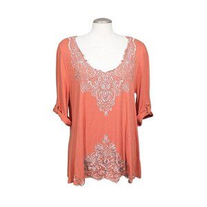Vintage 80s Womens Tunic Top Large Boho Floral Embroidered Orange Roll Tab